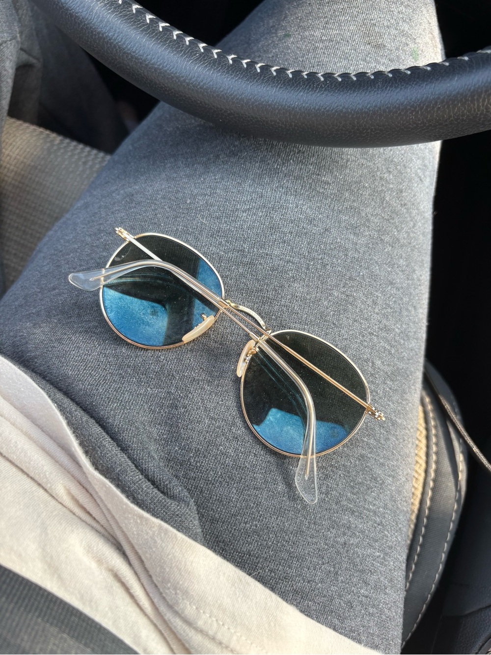 Ray-Ban Gold Frame Blue Lens Round Sunglasses for Men